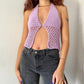 Girl posing in a light purple crochet halter neck top with mesh panels