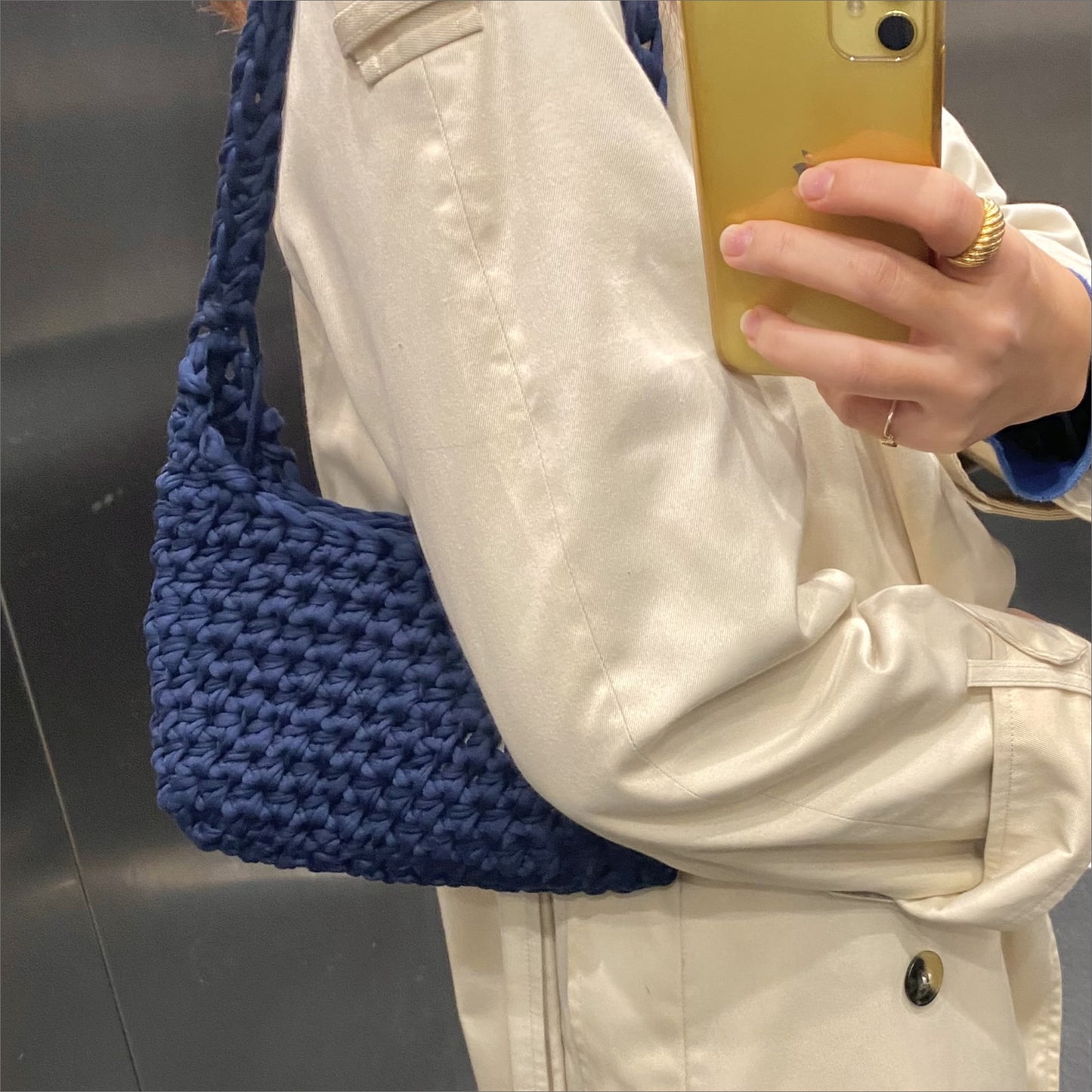 Simple and chunky dark blue navy crochet mini bag